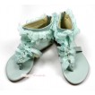 Light Blue Flower Lacing Pearl T-Strap Flat Ankle Sandals 001-494Light Blue 